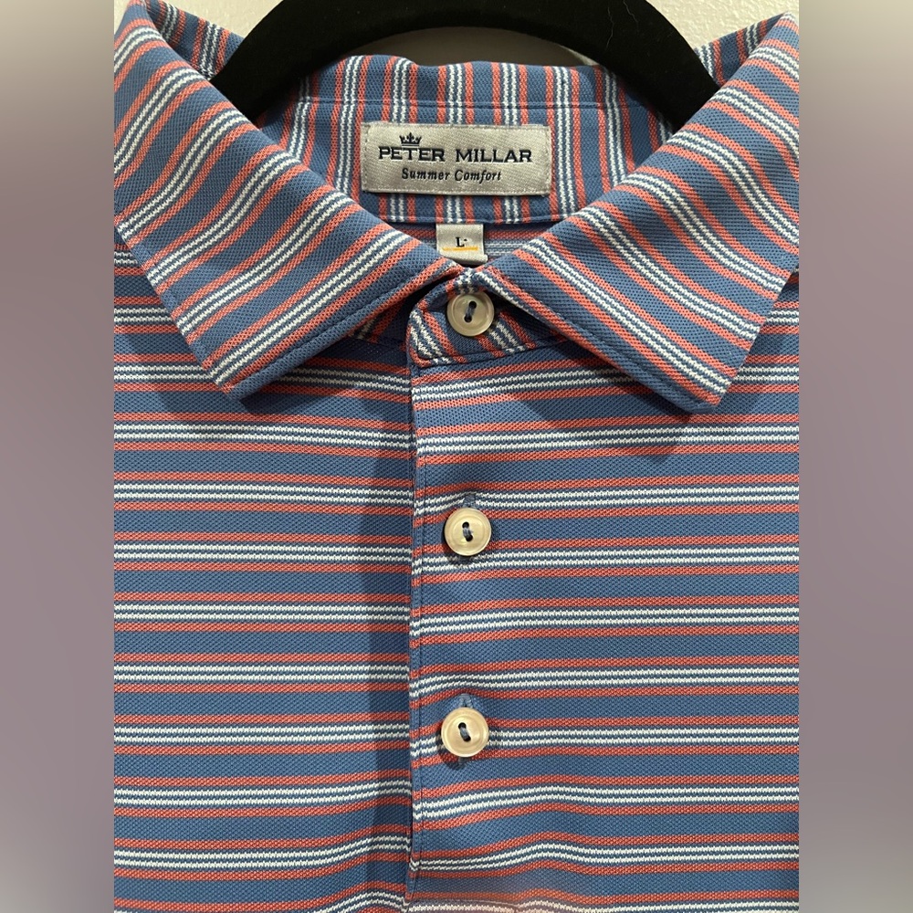 Peter Millar Summer Comfort Mens Large Blue/Coral Striped Performance Polo Shirt
